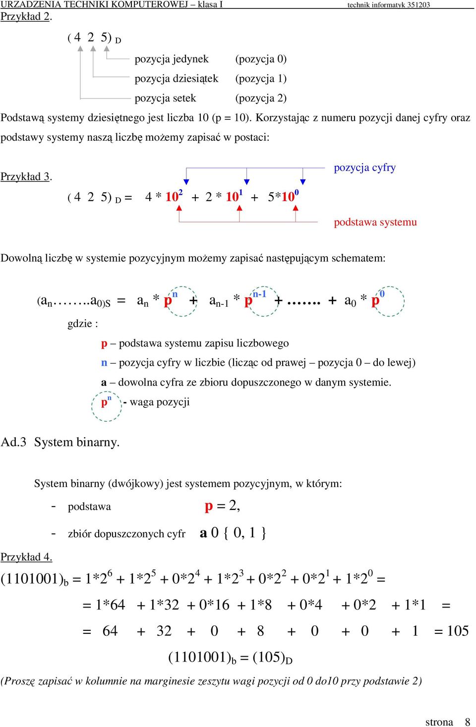 ( 4 2 5) D = 4 * 10 2 + 2 * 10 1 + 5*10 0 pozycja cyfry podstawa systemu Dowoln liczb w systemie pozycyjnym moemy zapisa nastpujcym schematem: (a n..a 0)S = a n * p n + a n-1 * p n-1 +.