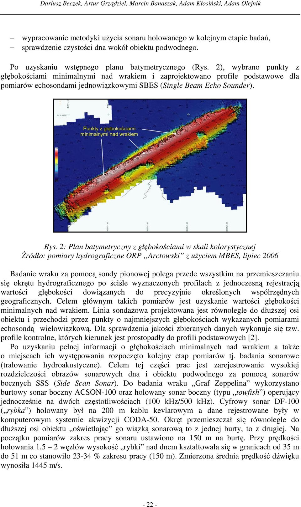 2), wybrano punkty z głębokościami minimalnymi nad wrakiem i zaprojektowano profile podstawowe dla pomiarów echosondami jednowiązkowymi SBES (Single Beam Echo Sounder). Rys.