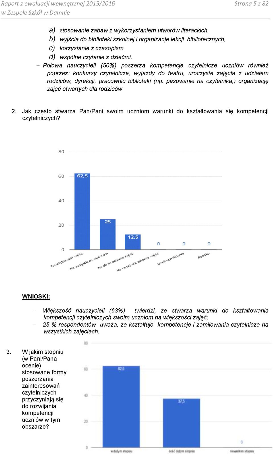 Połowa nauczycieli (50%) poszerza kompetencje czytelnicze uczniów również poprzez: konkursy czytelnicze, wyjazdy do teatru, uroczyste zajęcia z udziałem rodziców, dyrekcji, pracownic biblioteki (np.