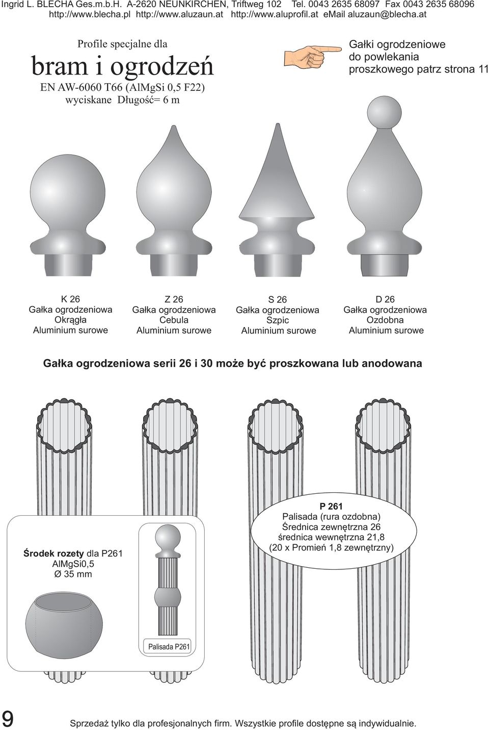 Ozdobna Aluminium surowe Gałka ogrodzeniowa serii 26 i 30 może być proszkowana lub anodowana Środek rozety dla P261 AlMgSi0,5 Ø