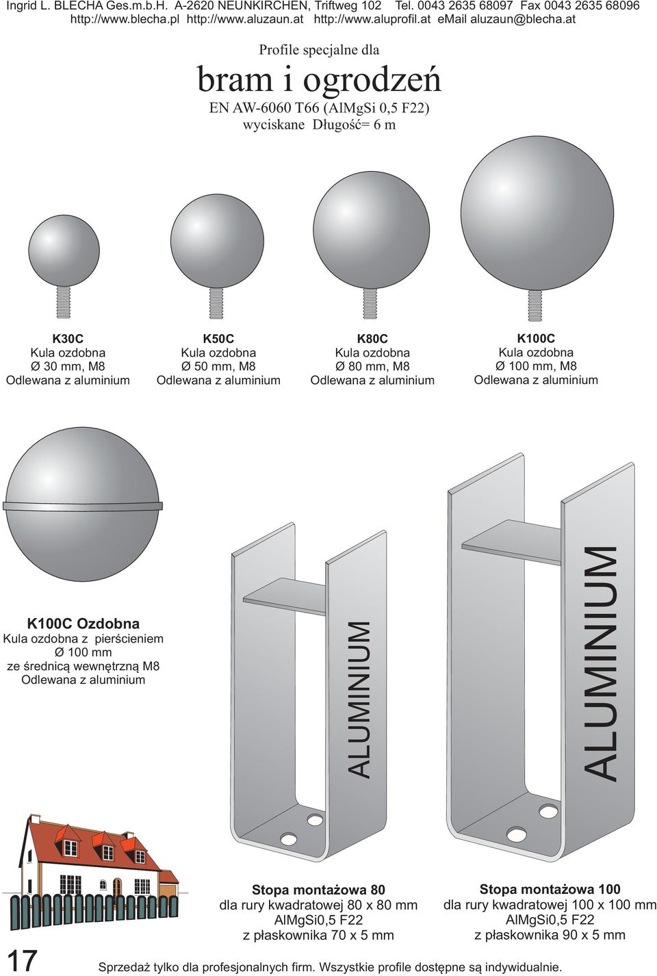 pierścieniem Ø 100 mm ze średnicą wewnętrzną M8 Odlewana z aluminium ALUMINIUM ALUMINIUM 17 Stopa montażowa 80 dla rury kwadratowej