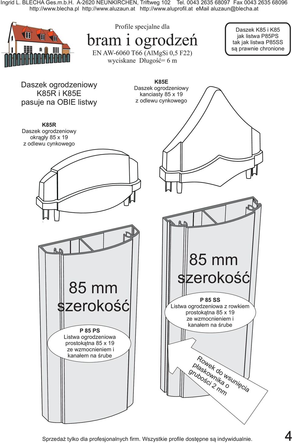 szerokość P 85 PS Listwa ogrodzeniowa prostokątna 85 x 19 ze wzmocnieniem i kanałem na śrube 85 mm szerokość P 85 SS