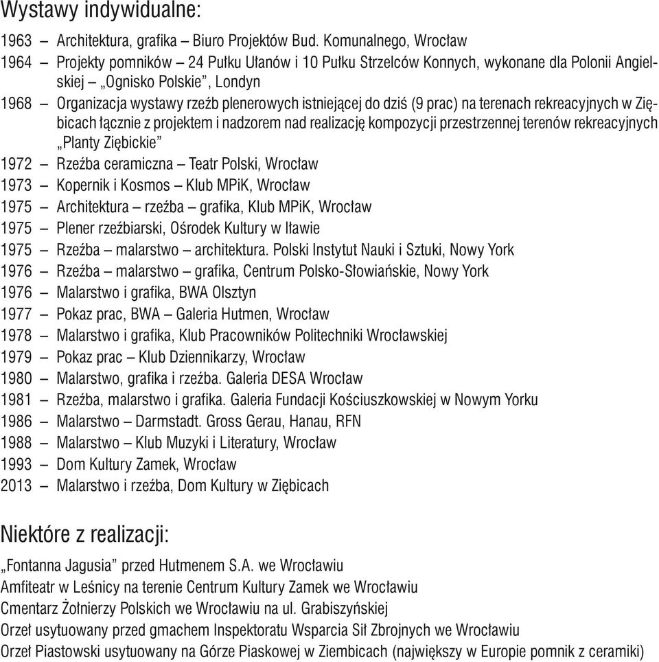 istniejącej do dziś (9 prac) na terenach rekreacyjnych w Ziębicach łącznie z projektem i nadzorem nad realizację kompozycji przestrzennej terenów rekreacyjnych Planty Ziębickie 1972 Rzeźba ceramiczna