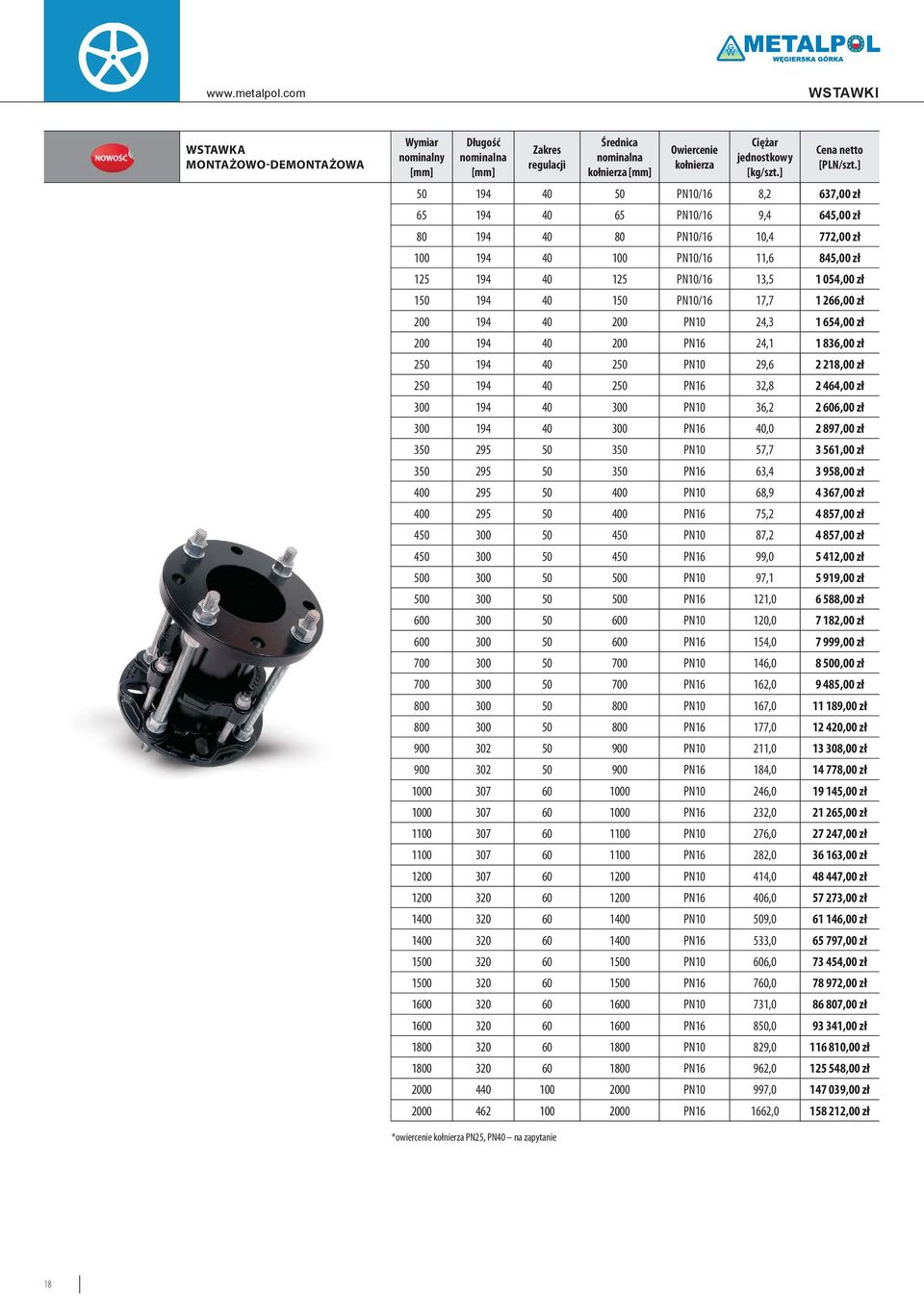 24,3 1 654,00 zł 200 194 40 200 PN16 24,1 1 836,00 zł 250 194 40 250 PN10 29,6 2 218,00 zł 250 194 40 250 PN16 32,8 2 464,00 zł 300 194 40 300 PN10 36,2 2 606,00 zł 300 194 40 300 PN16 40,0 2 897,00