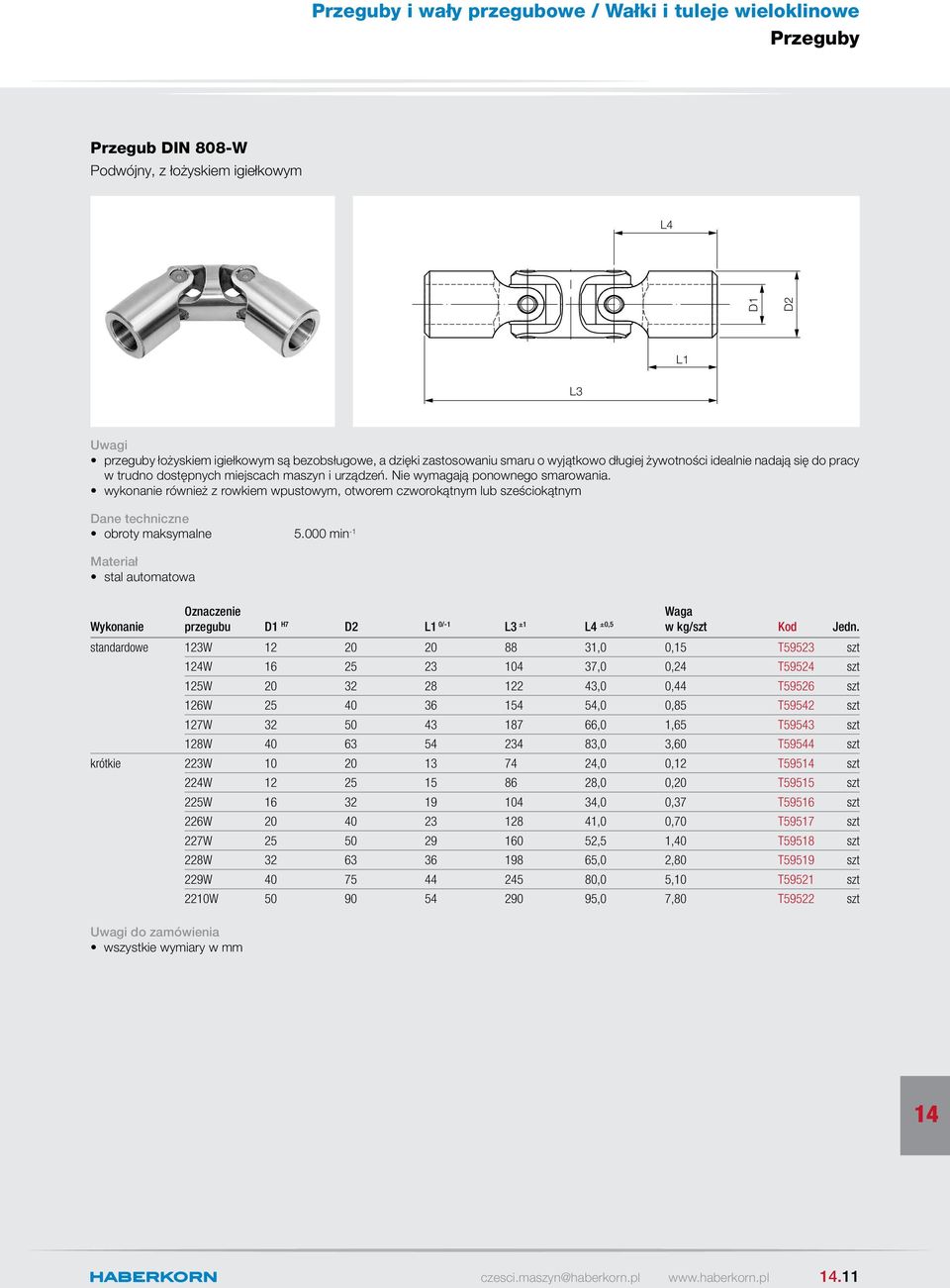 000 min -1 stal automatowa Wykonanie przegubu H7 L1 0/-1 L3 ±1 L4 ±0,5 Waga w kg/szt Kod Jedn.