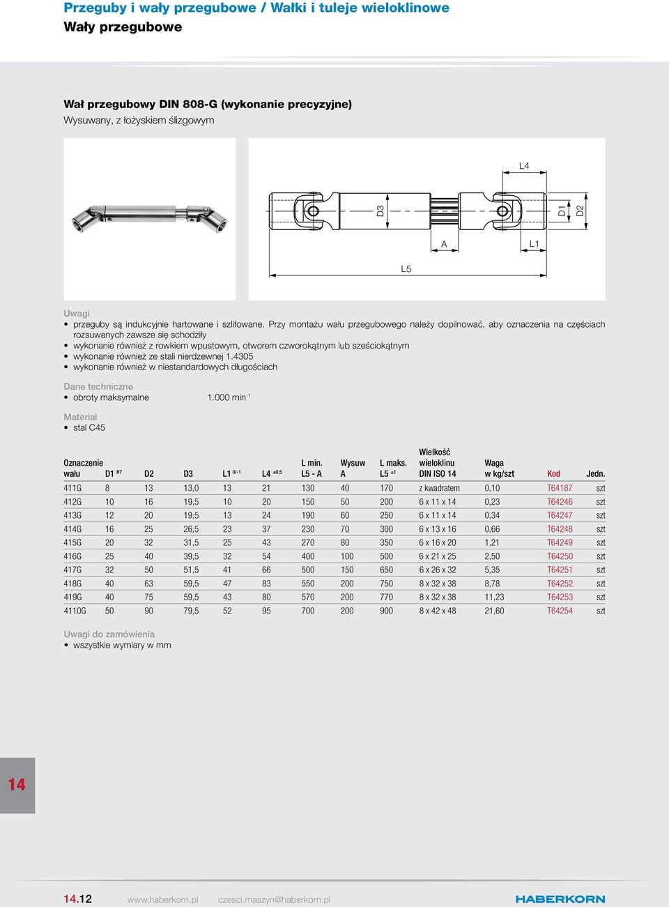 również ze stali nierdzewnej 1.4305 wykonanie również w niestandardowych długościach obroty maksymalne 1.000 min -1 stal C45 Wysuw L maks.