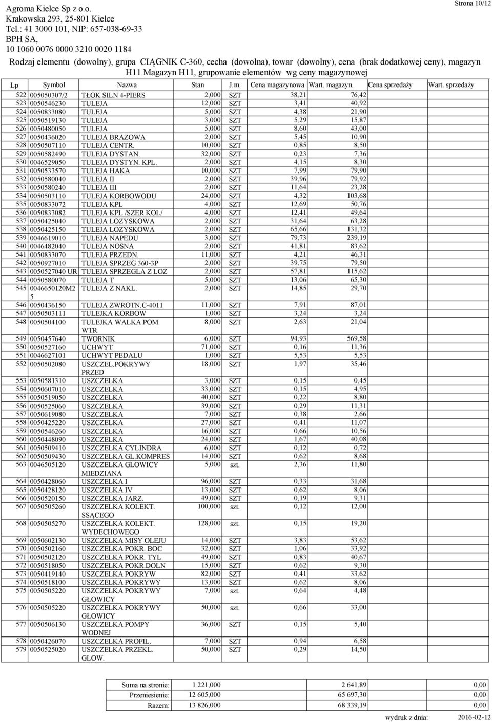 5,45 10,90 528 0050507110 TULEJA CENTR. 10 SZT 0,85 8,50 529 0050582490 TULEJA DYSTAN. 32,000 SZT 0,23 7,36 530 0046529050 TULEJA DYSTYN. KPL.