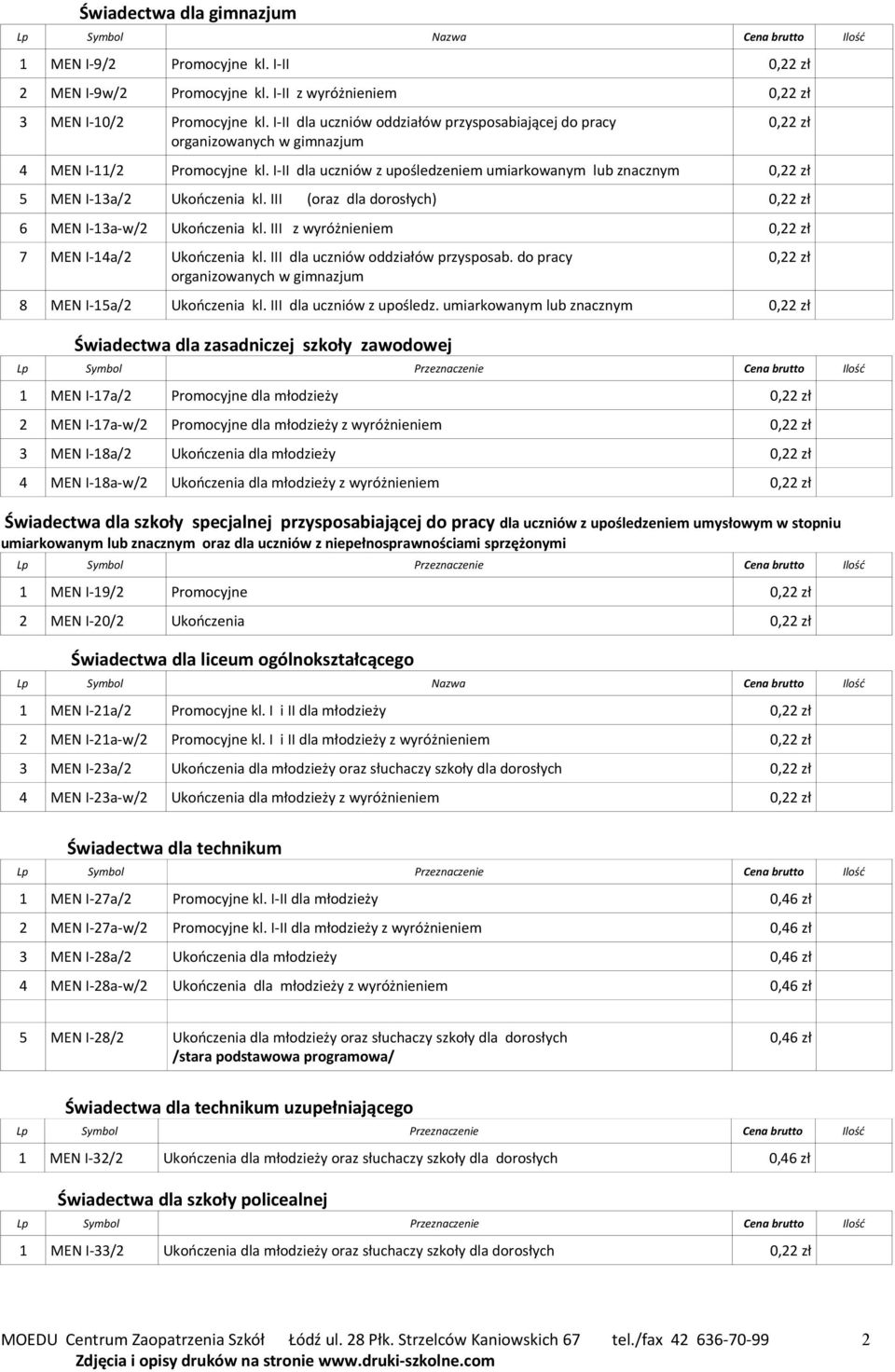 I-II dla uczniów z upośledzeniem umiarkowanym lub znacznym 0,22 zł 5 MEN I-13a/2 Ukończenia kl. III (oraz dla dorosłych) 0,22 zł 6 MEN I-13a-w/2 Ukończenia kl.