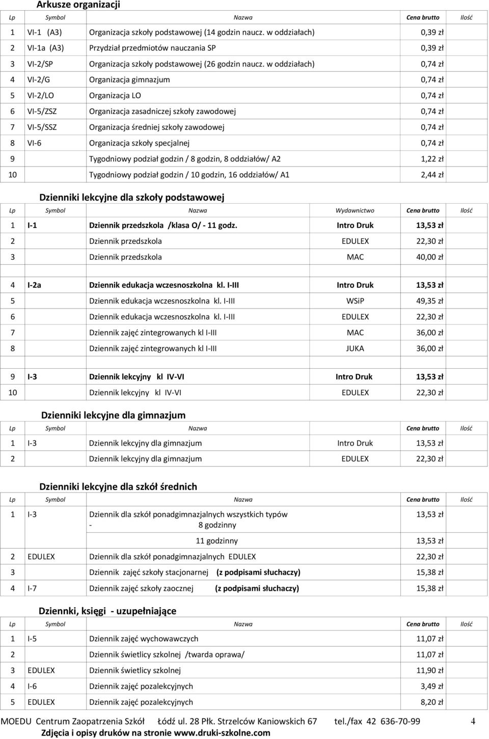 w oddziałach) 0,74 zł 4 VI-2/G Organizacja gimnazjum 0,74 zł 5 VI-2/LO Organizacja LO 0,74 zł 6 VI-5/ZSZ Organizacja zasadniczej szkoły zawodowej 0,74 zł 7 VI-5/SSZ Organizacja średniej szkoły