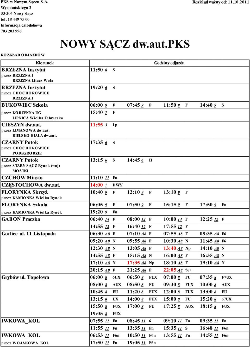 pks Godziny odjazdu BRZEZNA Instytut 19:20 6 S przez CHO CHOROWICE BRZEZNA I BUKOWIEC Szkoła 06:00 9 F 07:45 9 F 11:50 9 F 14:40 9 S przez KO RZENNA UG 15:40 7 F LIPNICA Wielka Żebraczka CIESZYN dw.