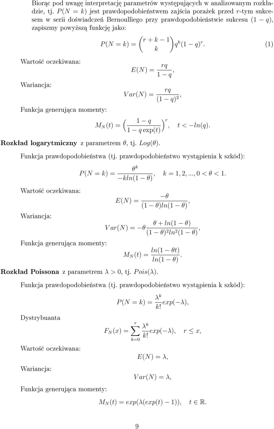 1) k Warto± oczekiwana: Wariancja: EN) V arn) rq 1 q, rq 1 q) 2, Funkcja generuj ca momenty: 1 q ) r, M N t) t < lnq). 1 q expt) Rozkªad logarytmiczny z parametrem θ, tj. Logθ).