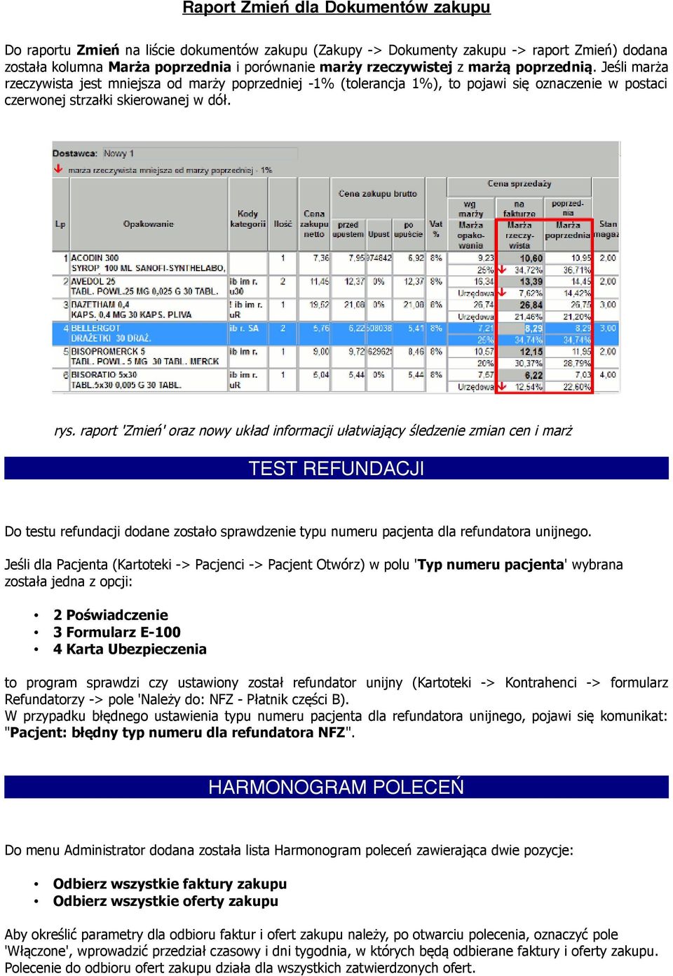 raport 'Zmień' oraz nowy układ informacji ułatwiający śledzenie zmian cen i marż TEST REFUNDACJI Do testu refundacji dodane zostało sprawdzenie typu numeru pacjenta dla refundatora unijnego.