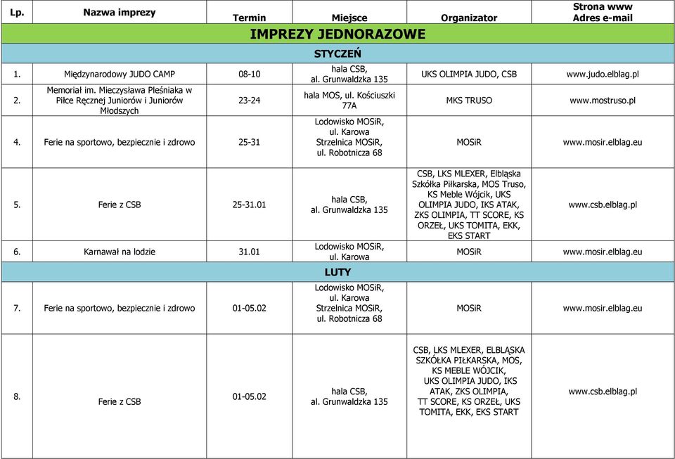 judo.elblag.pl 5. Ferie z CSB 25-31.01 6. Karnawał na lodzie 31.01 Lodowisko, ul.