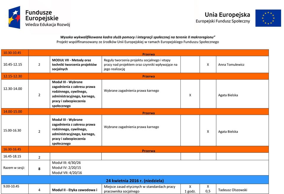 30 1.30-14.00 Moduł III - Wybrane rodzinnego, cywilnego, administracyjnego, karnego, pracy i zabezpieczenia społecznego Wybrane zagadnienia prawa karnego Agata Bielska 14.00-15.00 15.00-16.