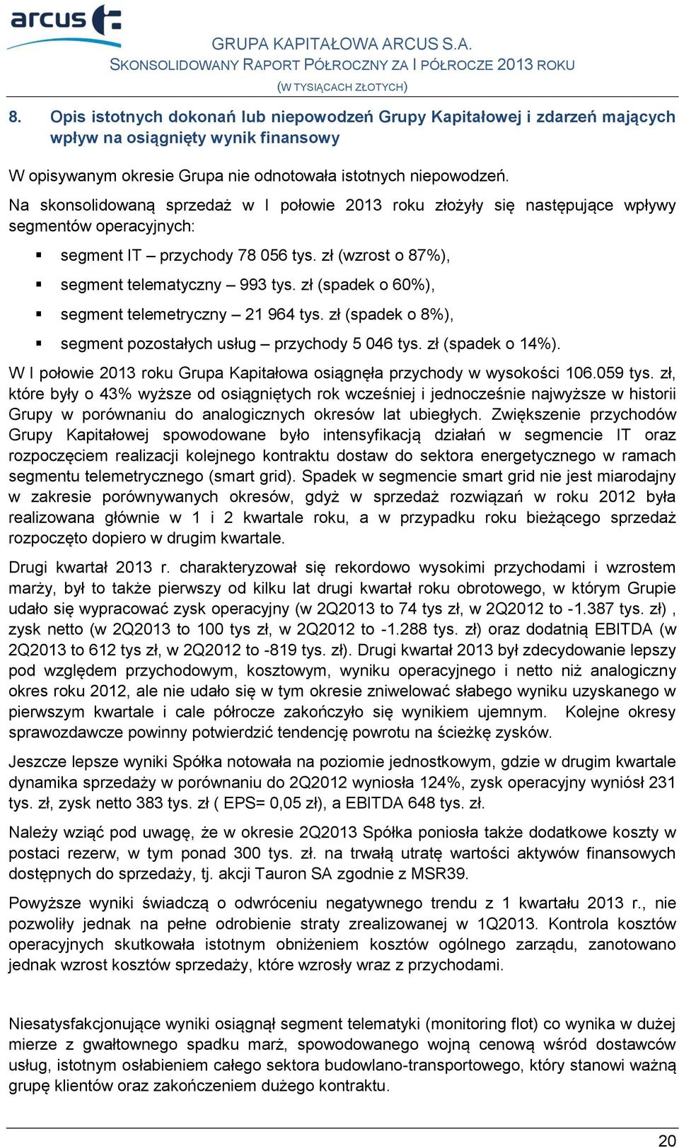 zł (spadek o 60%), segment telemetryczny 21 964 tys. zł (spadek o 8%), segment pozostałych usług przychody 5 046 tys. zł (spadek o 14%).