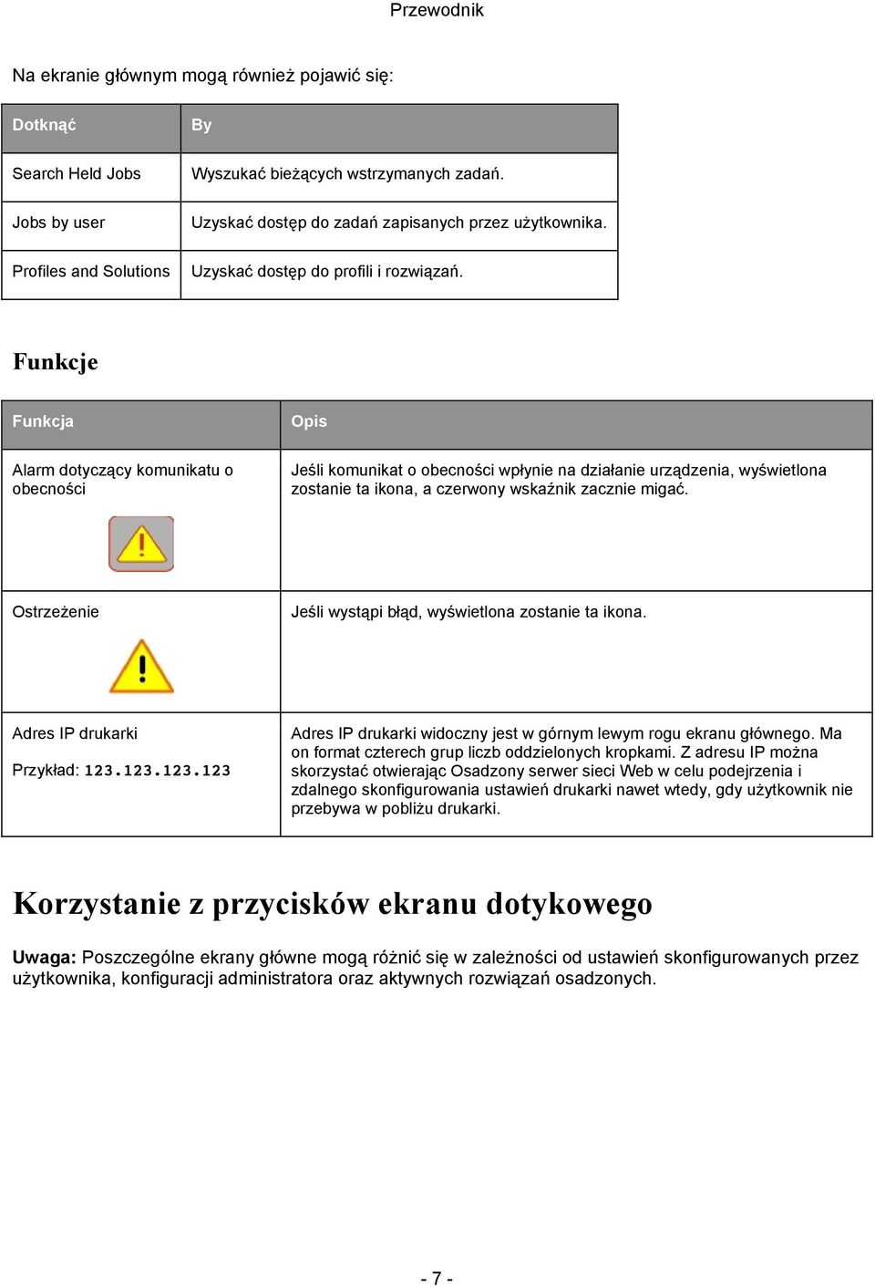 Funkcje Funkcja Opis Alarm dotyczący komunikatu o obecności Jeśli komunikat o obecności wpłynie na działanie urządzenia, wyświetlona zostanie ta ikona, a czerwony wskaźnik zacznie migać.