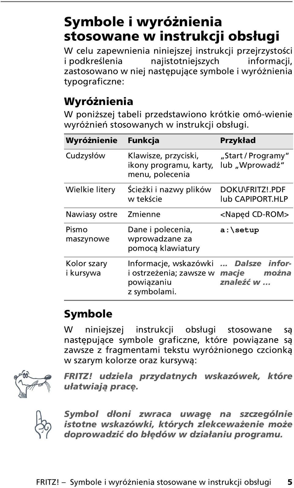 Wyróżnienie Funkcja Przykład Cudzysłów Wielkie litery Symbole Klawisze, przyciski, ikony programu, karty, menu, polecenia Ścieżki i nazwy plików w tekście Start / Programy lub Wprowadź DOKU\FRITZ!