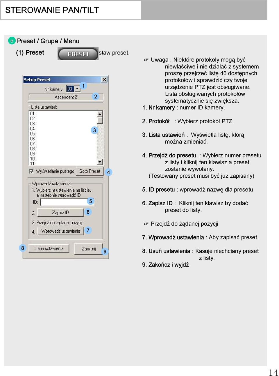 Lista obsługiwanych protokołów systematycznie się zwiększa. 1. Nr kamery : numer ID kamery. 2. Protokół : Wybierz protokół PTZ. 3. Lista ustawień : Wyświetla listę, którą można zmieniać. 4.