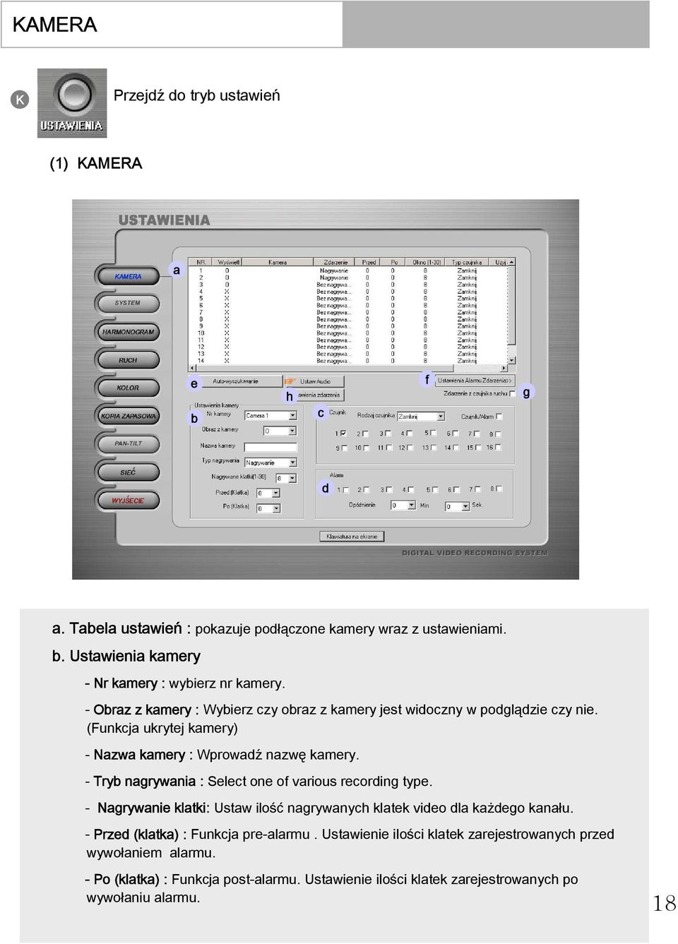 - Tryb nagrywania : Select one of various recording type. - Nagrywanie klatki: Ustaw ilość nagrywanych klatek video dla każdego kanału.