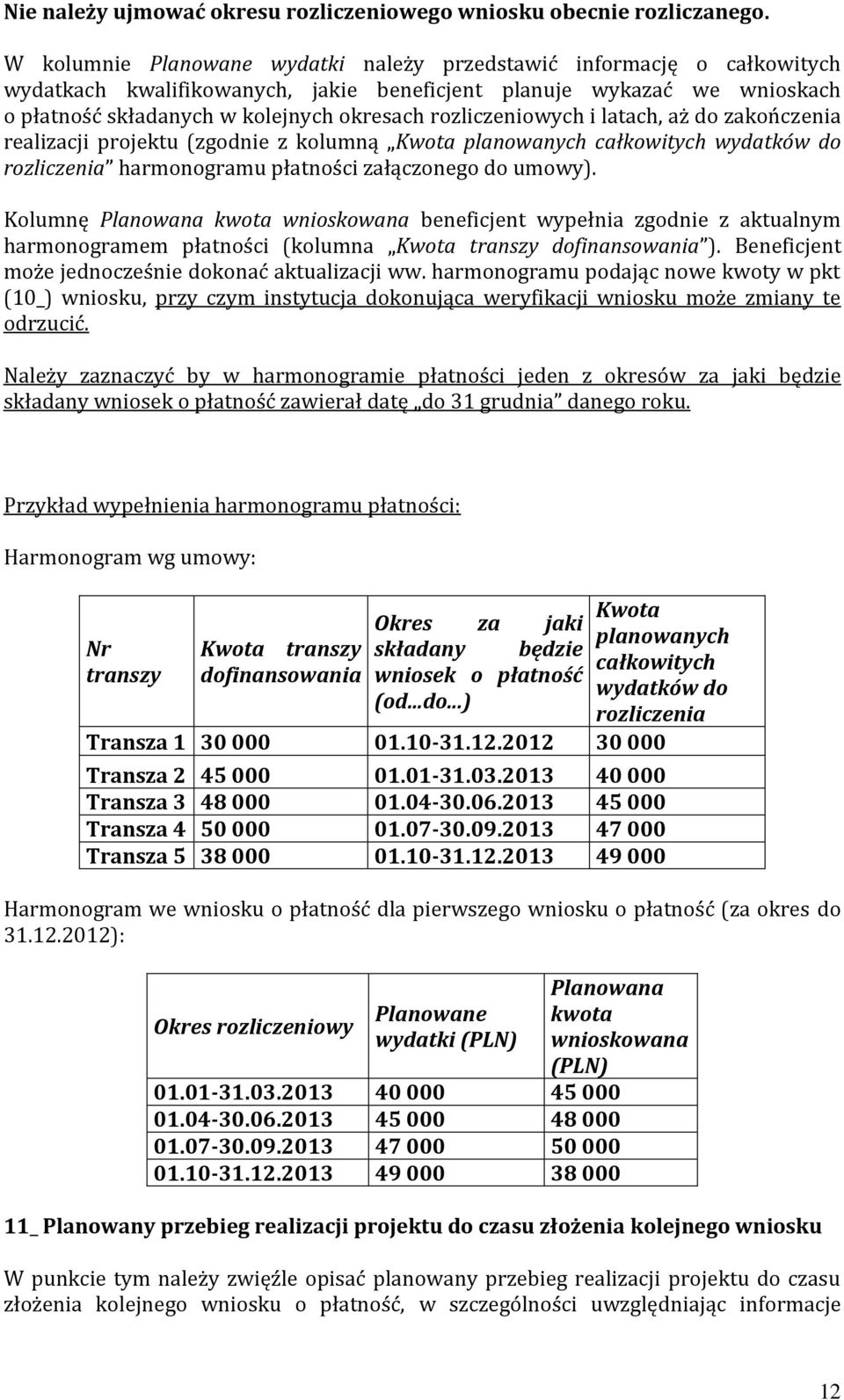 rozliczeniowych i latach, aż do zakończenia realizacji projektu (zgodnie z kolumną Kwota planowanych całkowitych wydatków do rozliczenia harmonogramu płatności załączonego do umowy).