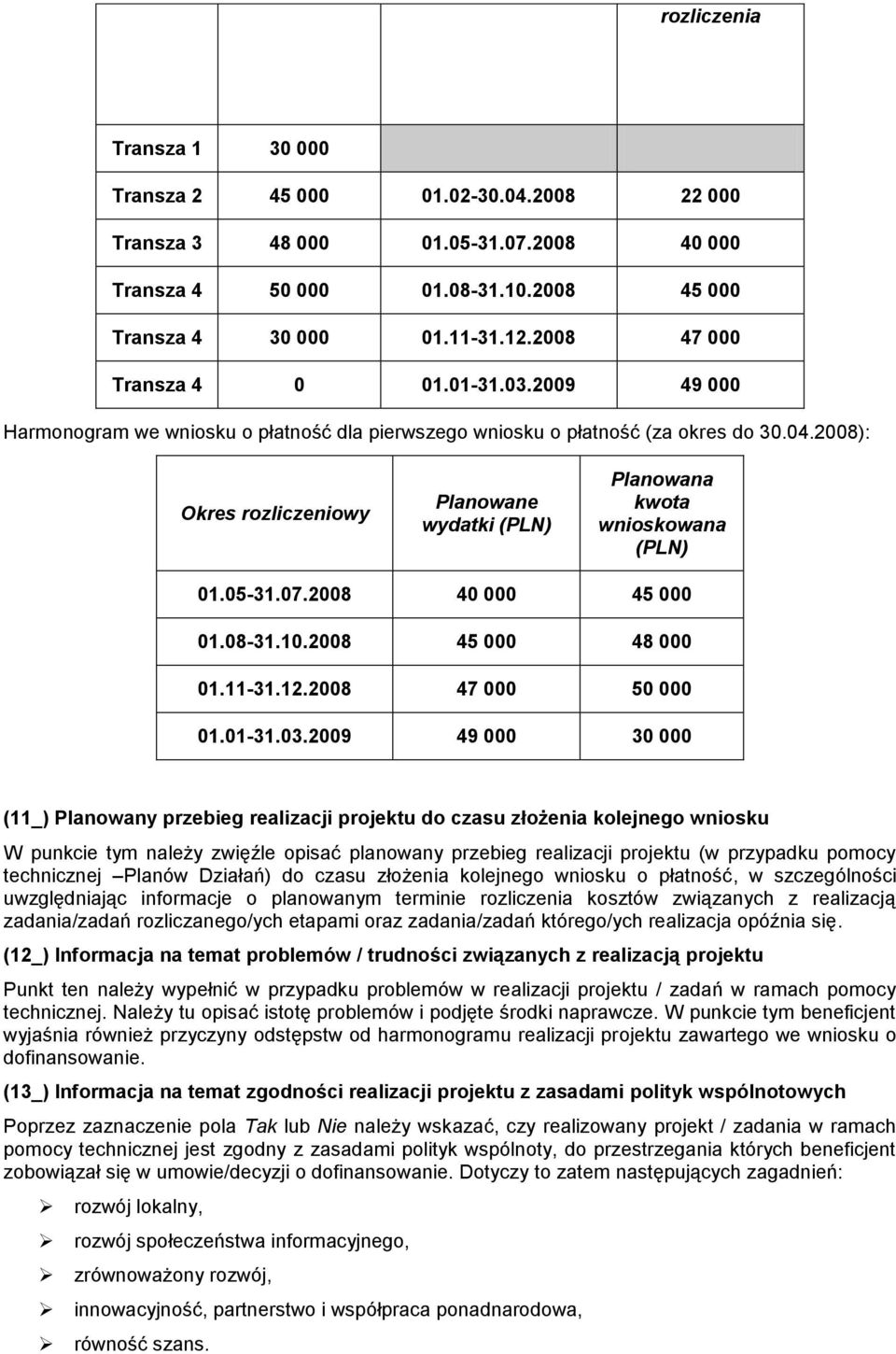 2008): Okres rozliczeniowy Planowane wydatki (PLN) Planowana kwota wnioskowana (PLN) 01.05-31.07.2008 40 000 45 000 01.08-31.10.2008 45 000 48 000 01.11-31.12.2008 47 000 50 000 01.01-31.03.