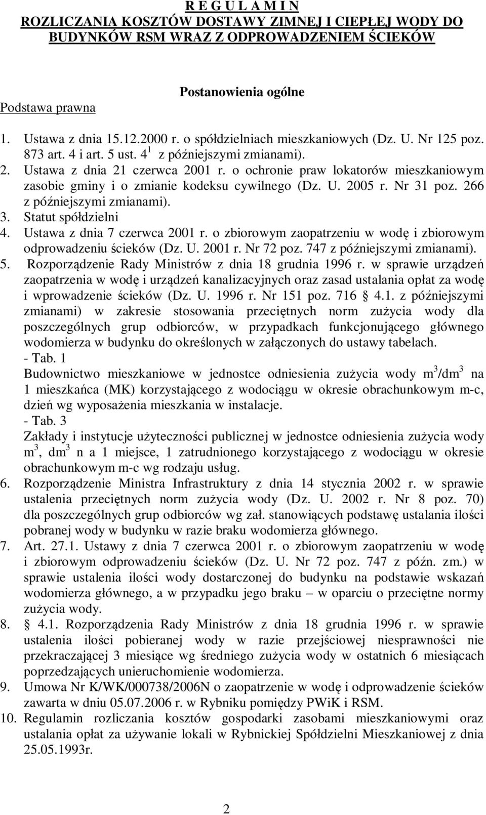 o ochronie praw lokatorów mieszkaniowym zasobie gminy i o zmianie kodeksu cywilnego (Dz. U. 2005 r. Nr 31 poz. 266 z pó niejszymi zmianami). 3. Statut spó dzielni 4. Ustawa z dnia 7 czerwca 2001 r.