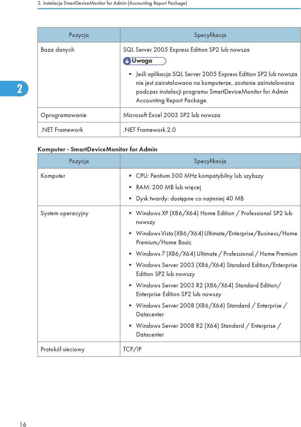 Oprogramowanie Microsoft Excel 2003 SP2 lub nowsza.net Framework.NET Framework 2.