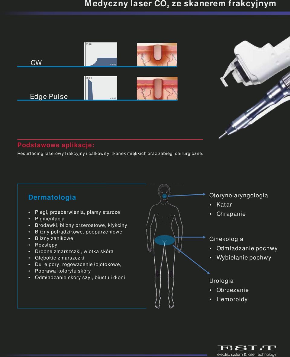 Dermatologia Piegi, przebarwienia, plamy starcze Pigmentacja Brodawki, blizny przerostowe, kłykciny Blizny potrądzikowe, pooparzeniowe Blizny zanikowe