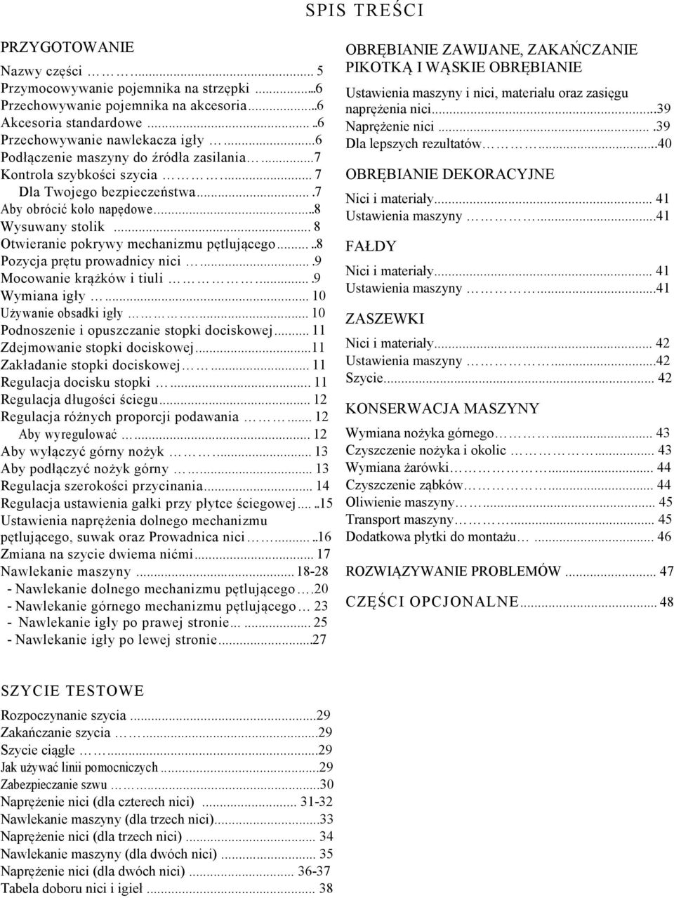 ...9 Wymiana igły... 10 Użyani obsadki igły... 10 Podnoszni i opuszczani sopki dociskoj... 11 Zdjmoani sopki dociskoj...11 Zakładani sopki dociskoj... 11 Rgulacja docisku sopki.