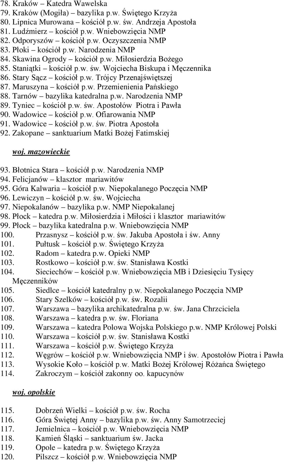 Stary Sącz kościół p.w. Trójcy Przenajświętszej 87. Maruszyna kościół p.w. Przemienienia Pańskiego 88. Tarnów bazylika katedralna p.w. Narodzenia NMP 89. Tyniec kościół p.w. św.