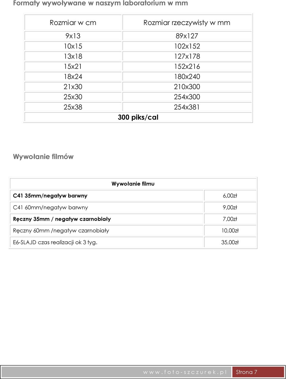 filmu C41 35mm/negatyw barwny C41 60mm/negatyw barwny Ręczny 35mm / negatyw czarnobiały Ręczny 60mm /negatyw