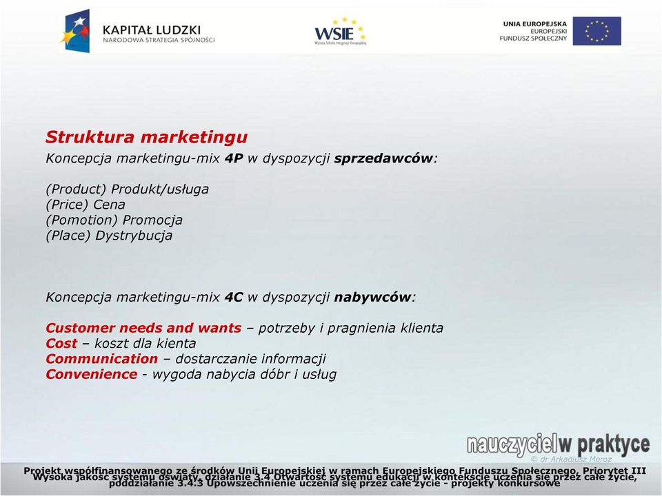 marketingu-mix 4C w dyspozycji nabywców: Customer needs and wants potrzeby i pragnienia