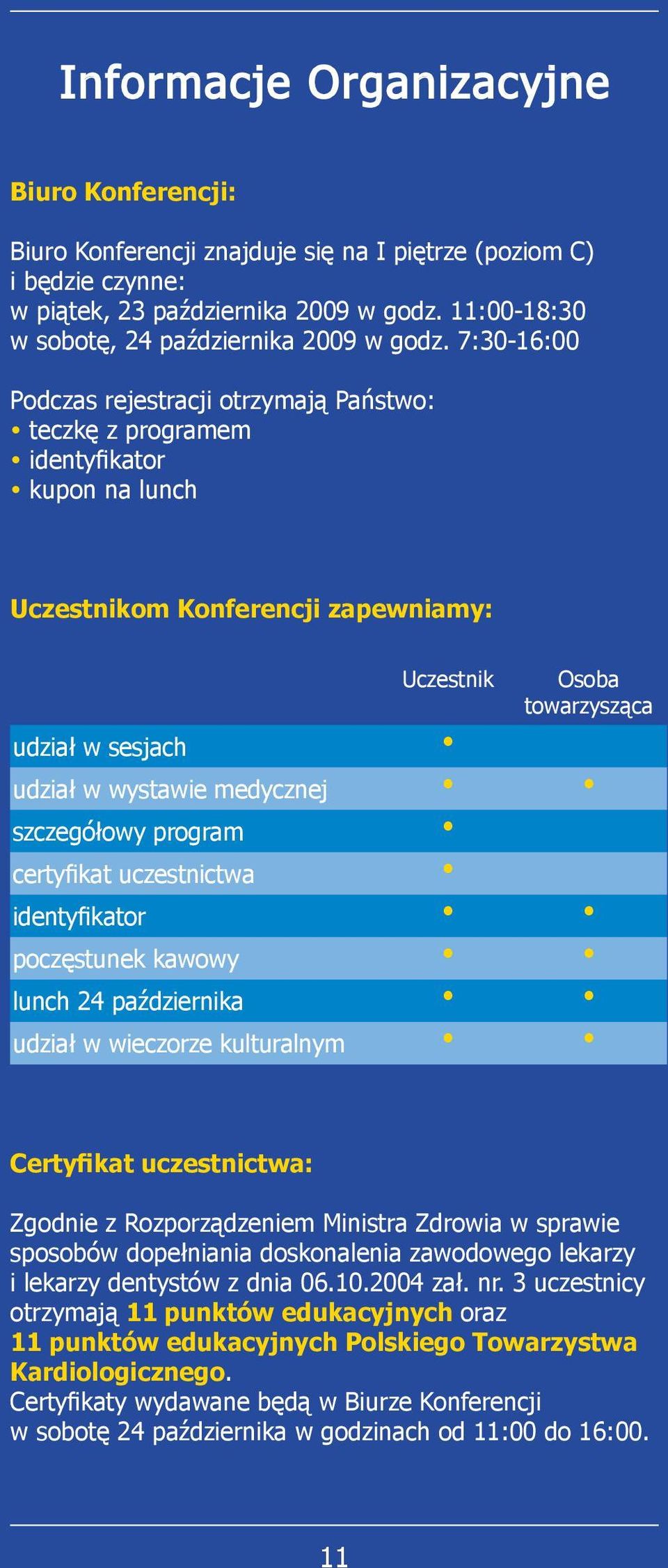 7:30-16:00 Podczas rejestracji otrzymają Państwo: teczkę z programem identyfikator kupon na lunch Uczestnikom Konferencji zapewniamy: Uczestnik udział w sesjach Osoba towarzysząca udział w wystawie