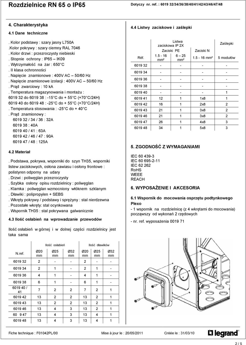 Temperatura magazynowania i montażu : 6019 32 do 6019 38 : -15 C do + 55 C (+70 C/24H) 6019 40 do 6019 48 : -25 C do + 55 C (+70 C/24H). Temperatura stosowania : -25 C do + 40 C.