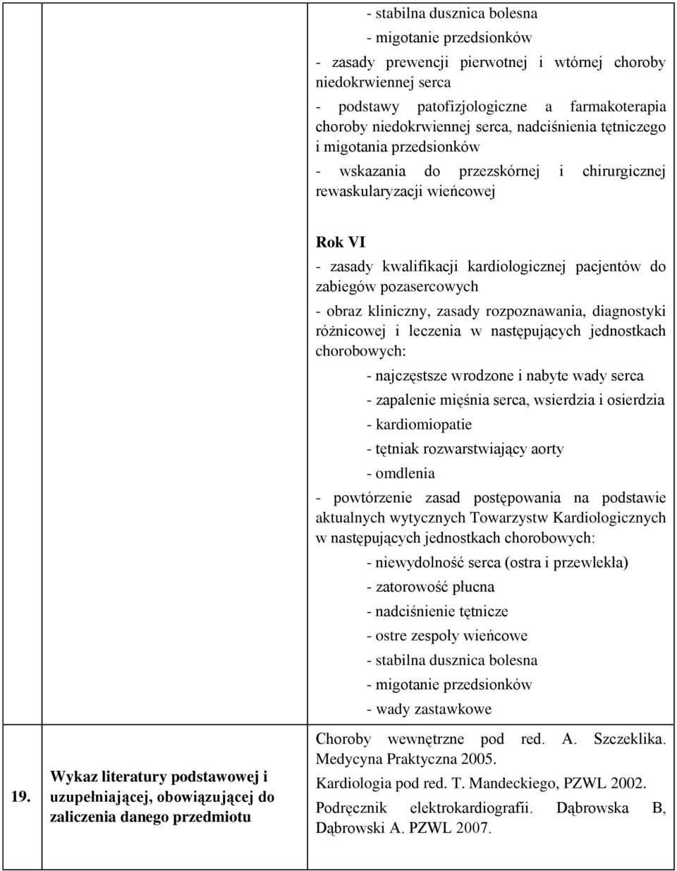 Wykaz literatury podstawowej i uzupełniającej, obowiązującej do zaliczenia danego u Rok VI - zasady kwalifikacji kardiologicznej pacjentów do zabiegów pozasercowych - obraz kliniczny, zasady