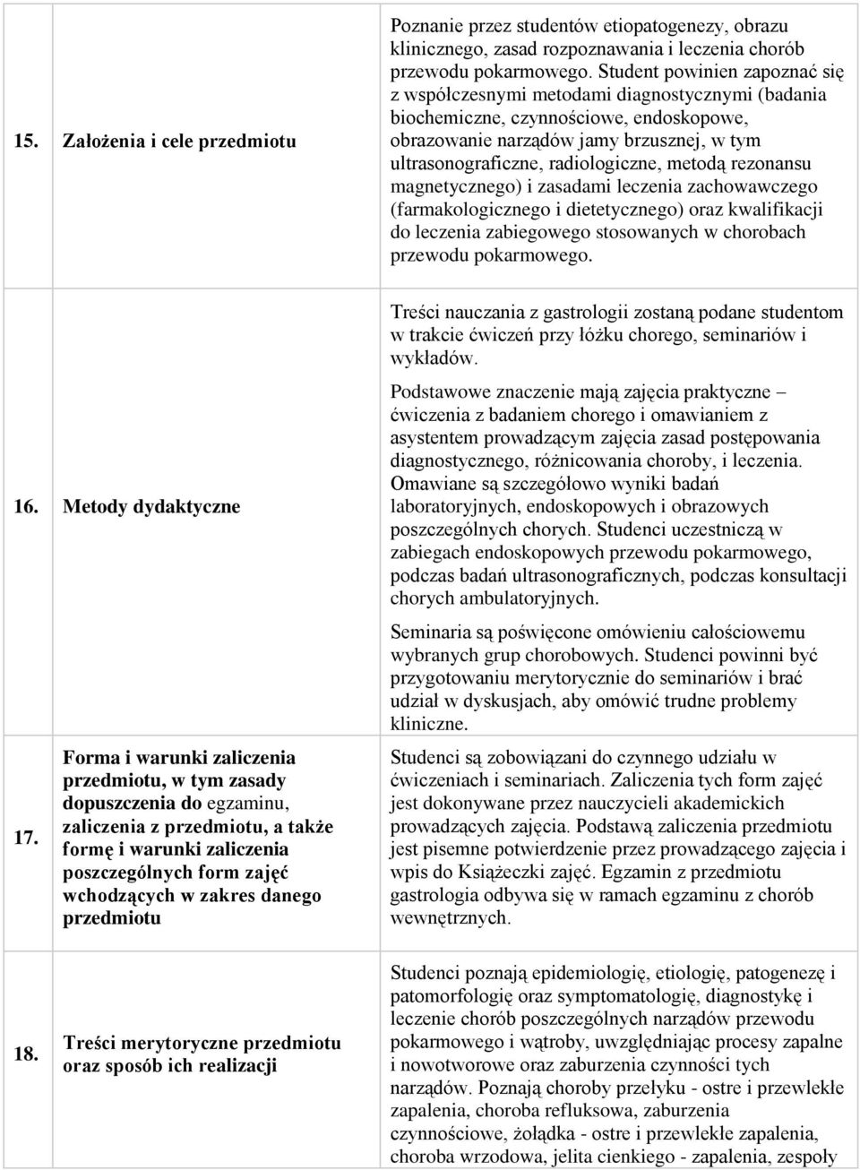 metodą rezonansu magnetycznego) i zasadami leczenia zachowawczego (farmakologicznego i dietetycznego) oraz kwalifikacji do leczenia zabiegowego stosowanych w chorobach przewodu pokarmowego. 16.