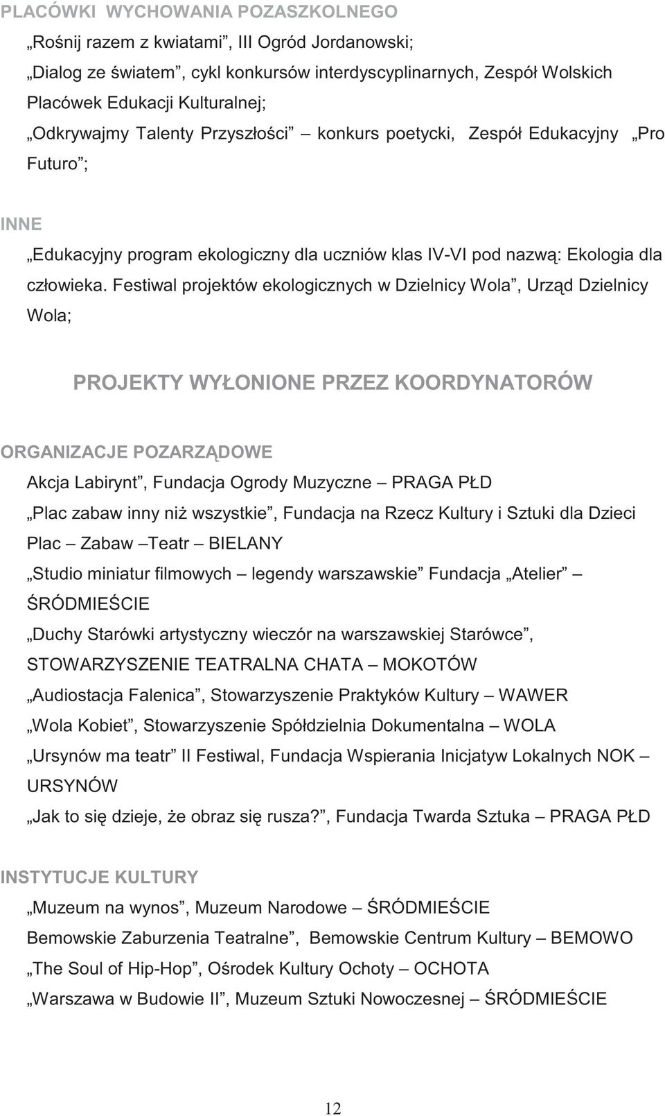 Festiwal projektów ekologicznych w Dzielnicy Wola, Urz d Dzielnicy Wola; PROJEKTY WYŁONIONE PRZEZ KOORDYNATORÓW ORGANIZACJE POZARZ DOWE Akcja Labirynt, Fundacja Ogrody Muzyczne PRAGA PŁD Plac zabaw