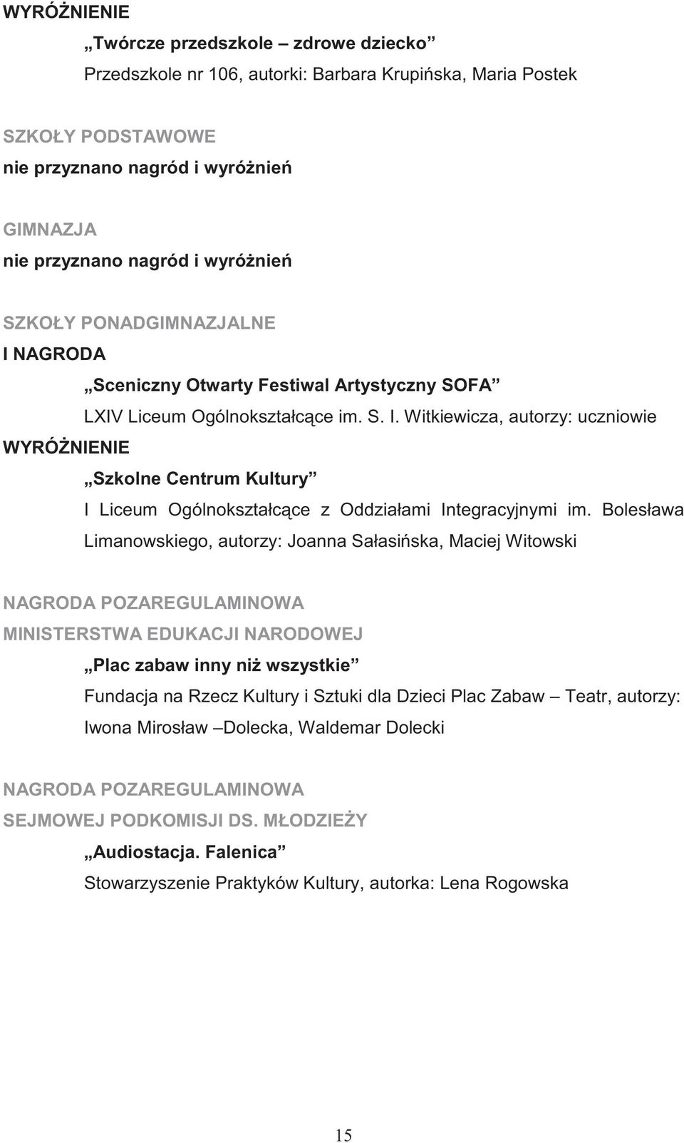 Bolesława Limanowskiego, autorzy: Joanna Sałasi ska, Maciej Witowski NAGRODA POZAREGULAMINOWA MINISTERSTWA EDUKACJI NARODOWEJ Plac zabaw inny ni wszystkie Fundacja na Rzecz Kultury i Sztuki dla