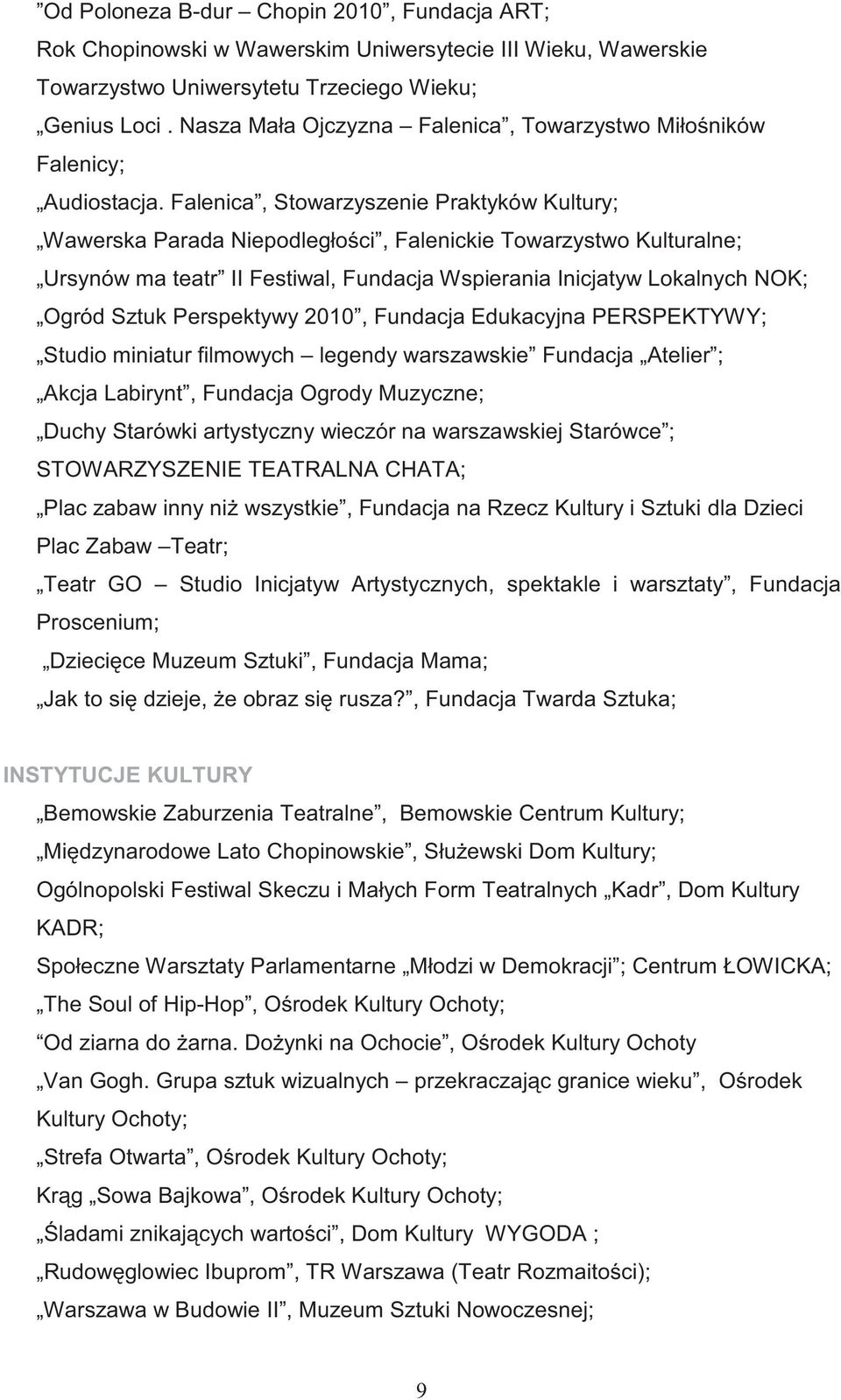 Falenica, Stowarzyszenie Praktyków Kultury; Wawerska Parada Niepodległo ci, Falenickie Towarzystwo Kulturalne; Ursynów ma teatr II Festiwal, Fundacja Wspierania Inicjatyw Lokalnych NOK; Ogród Sztuk