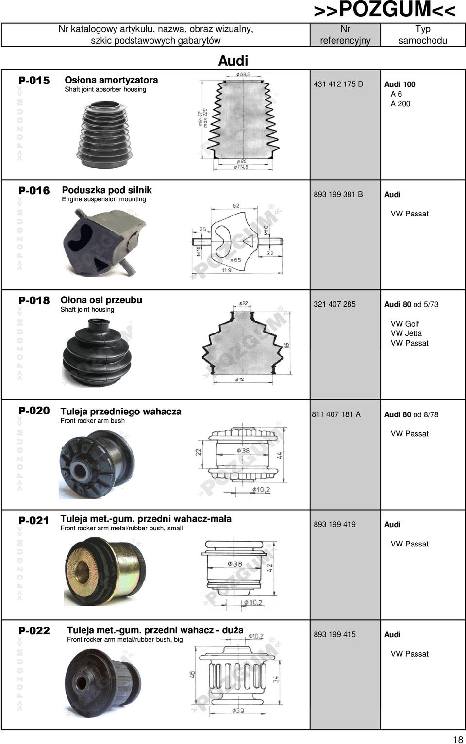 Passat P-020 Tuleja przedniego wahacza Front rocker arm bush 811 407 181 A Audi 80 od 8/78 VW Passat P-021 Tuleja met.-gum.