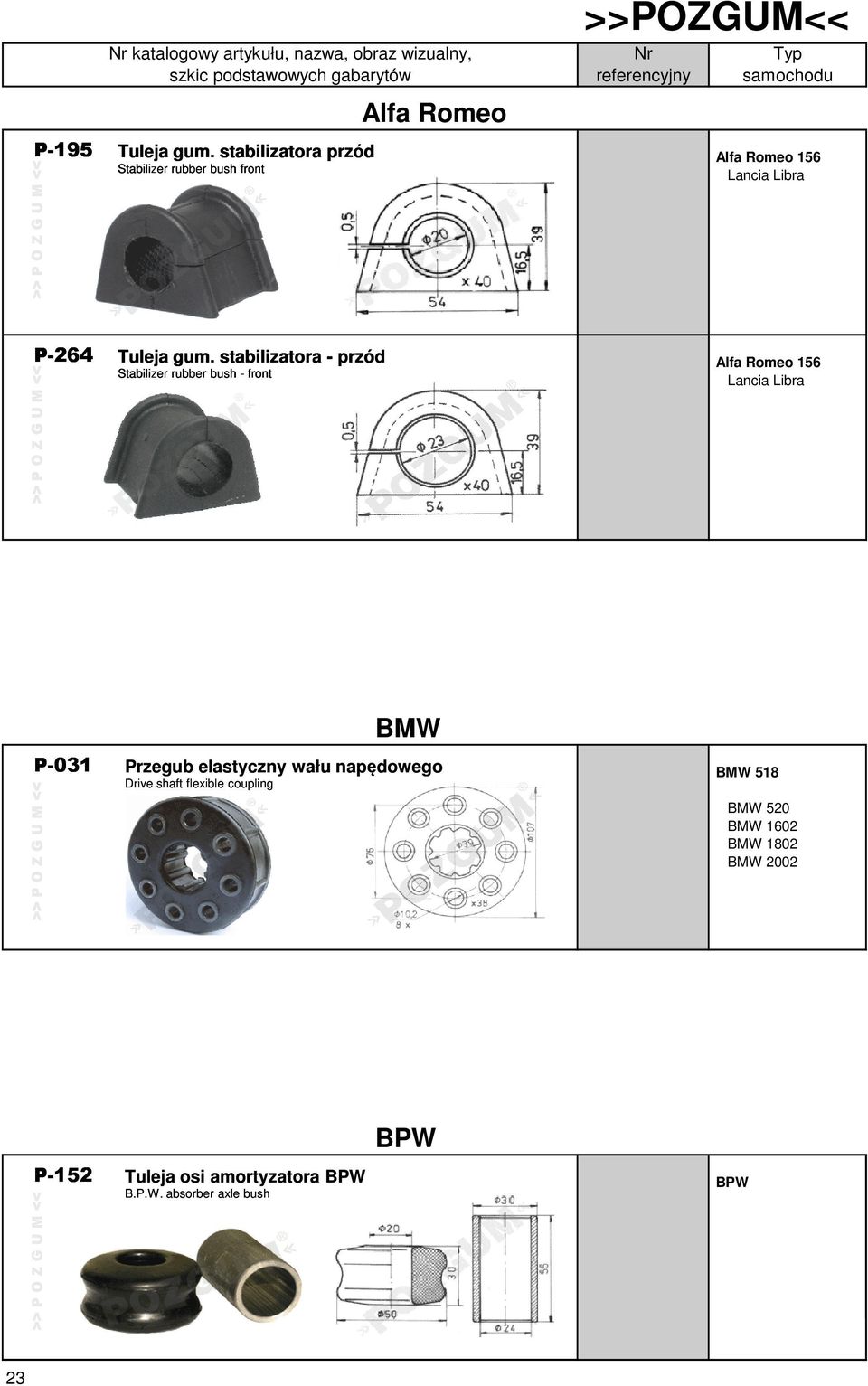 stabilizatora - przód P-152 Stabilizer rubber bush - front Alfa Romeo BMW P-031 Przegub elastyczny wału