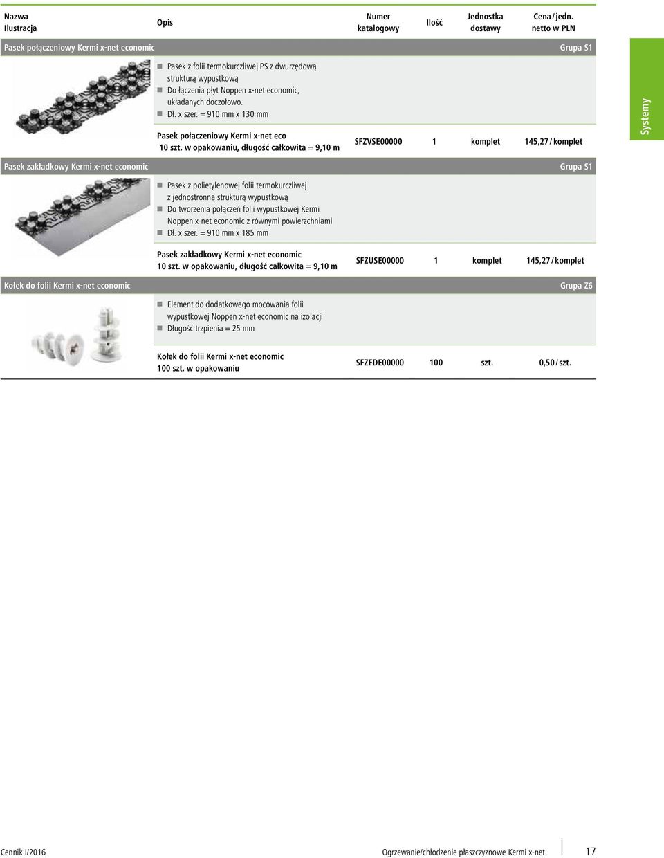 w opakowaniu, długość całkowita = 9,10 m SFZVSE00000 1 komplet 145,27 / komplet Systemy Pasek zakładkowy Kermi x-net economic Grupa S1 Pasek z polietylenowej folii termokurczliwej z jednostronną