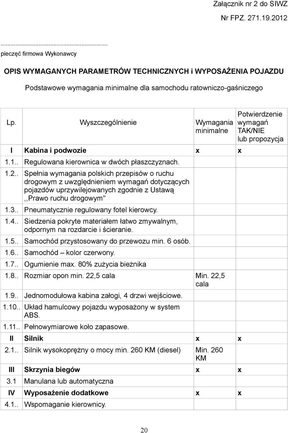 Wyszczególnienie Wymagania minimalne I Kabina i podwozie x x 1.1.. Regulowana kierownica w dwóch płaszczyznach. 1.2.