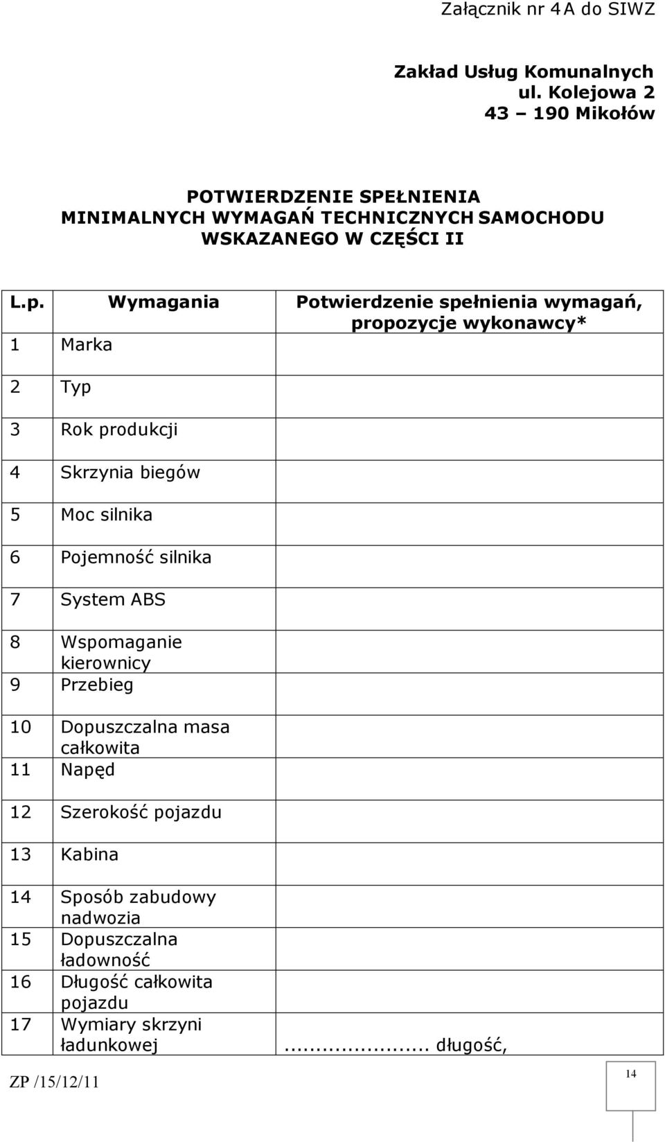 Wymagania Potwierdzenie spełnienia wymagań, propozycje wykonawcy* 1 Marka 2 Typ 3 Rok produkcji 4 Skrzynia biegów 5 Moc silnika 6 Pojemność