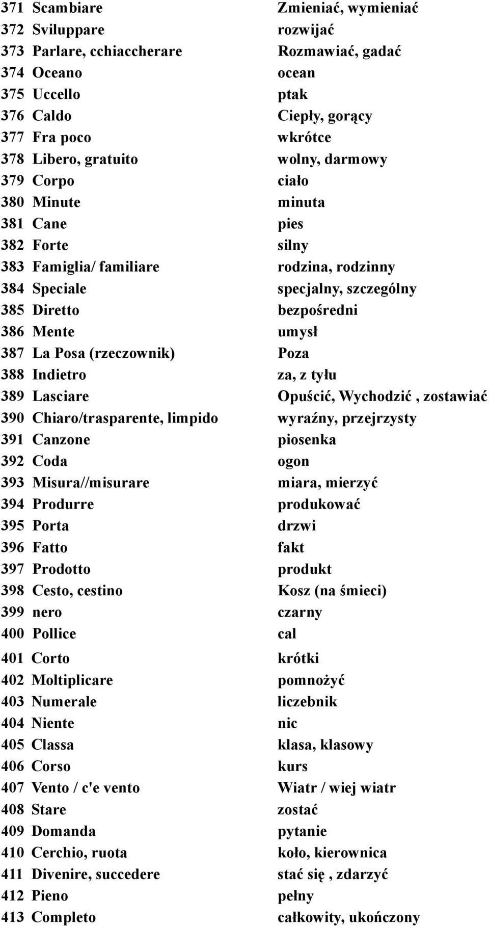 umysł 387 La Posa (rzeczownik) Poza 388 Indietro za, z tyłu 389 Lasciare Opuścić, Wychodzić, zostawiać 390 Chiaro/trasparente, limpido wyraźny, przejrzysty 391 Canzone piosenka 392 Coda ogon 393