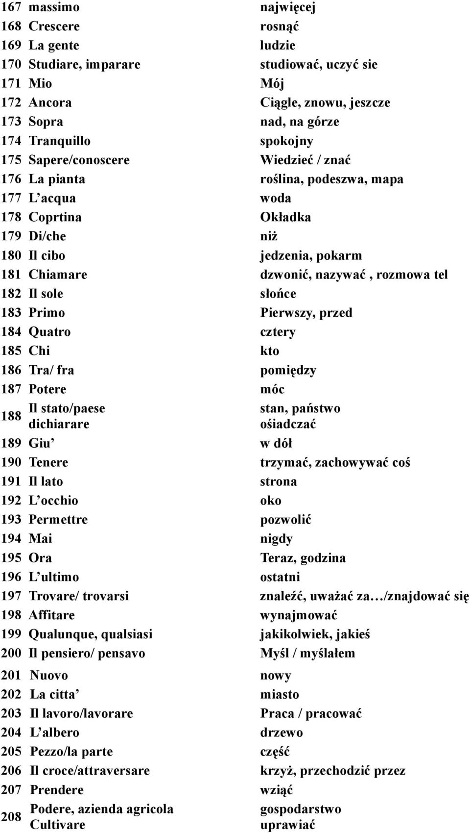 182 Il sole słońce 183 Primo Pierwszy, przed 184 Quatro cztery 185 Chi kto 186 Tra/ fra pomiędzy 187 Potere móc Il stato/paese stan, państwo 188 dichiarare ośiadczać 189 Giu w dół 190 Tenere trzymać,