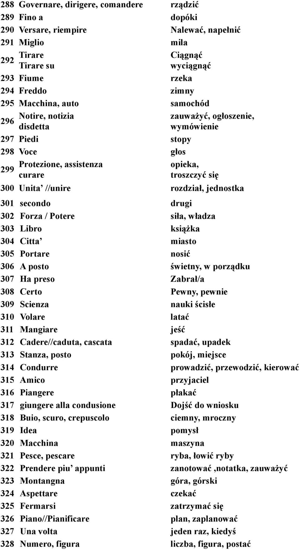 jednostka 301 secondo drugi 302 Forza / Potere siła, władza 303 Libro książka 304 Citta miasto 305 Portare nosić 306 A posto świetny, w porządku 307 Ha preso Zabrał/a 308 Certo Pewny, pewnie 309