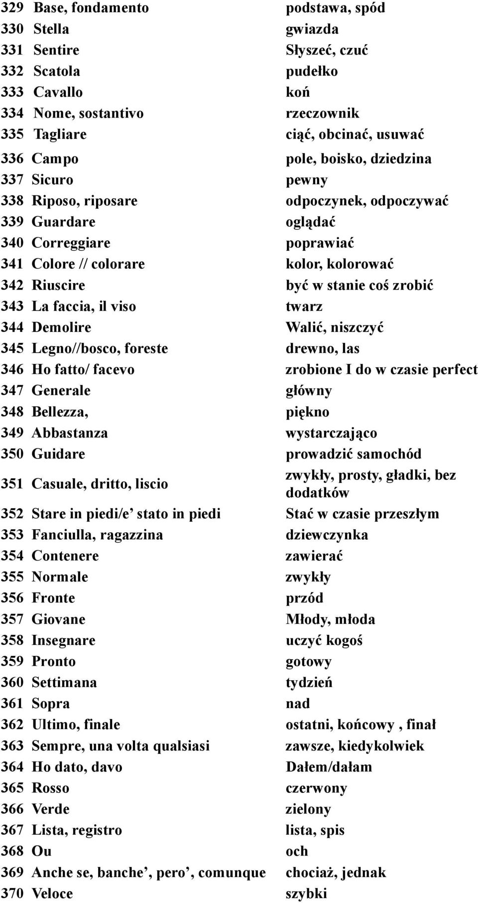 zrobić 343 La faccia, il viso twarz 344 Demolire Walić, niszczyć 345 Legno//bosco, foreste drewno, las 346 Ho fatto/ facevo zrobione I do w czasie perfect 347 Generale główny 348 Bellezza, piękno 349