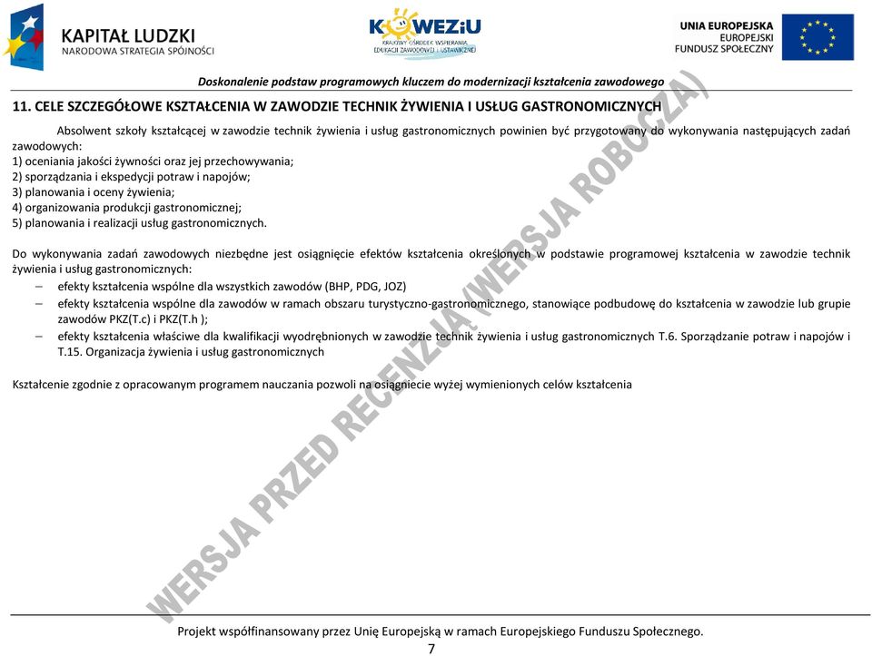 produkcji gastronomicznej; 5) planowania i realizacji usług gastronomicznych.