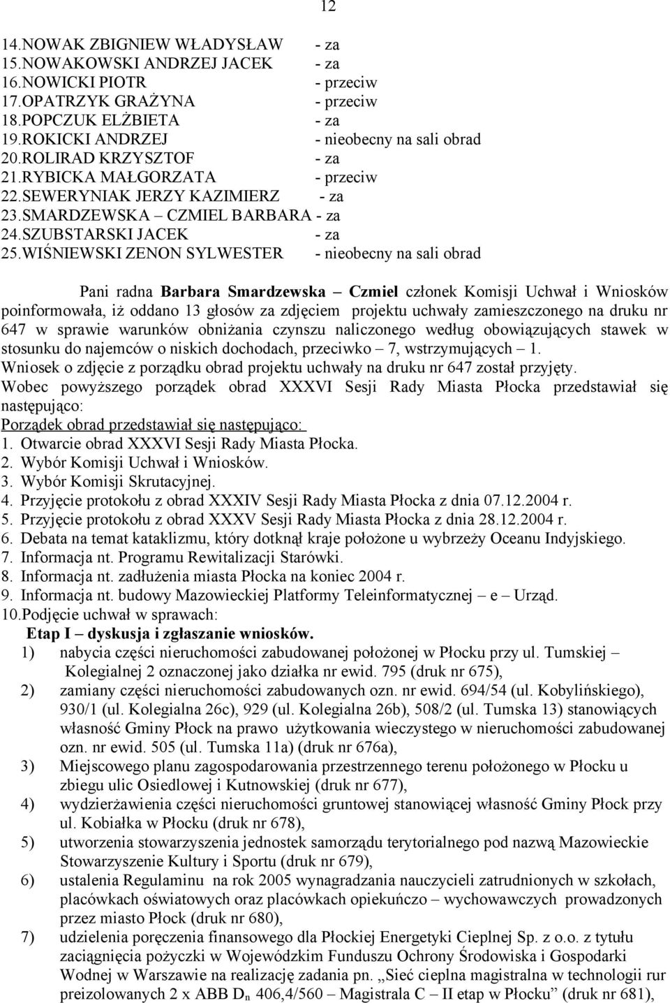 WIŚNIEWSKI ZENON SYLWESTER - nieobecny na sali obrad 12 Pani radna Barbara Smardzewska Czmiel członek Komisji Uchwał i Wniosków poinformowała, iż oddano 13 głosów za zdjęciem projektu uchwały